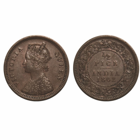 Victoria Queen, Copper, 1/2 Pice, 1862, Calcutta Mint, A/I, Numeral 1 of year has a short 