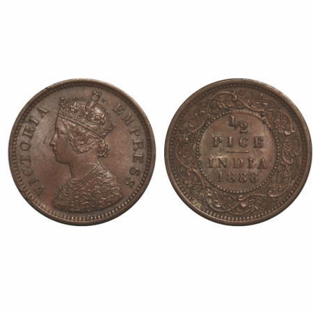 Victoria Empress, Copper, 1/2 Pice, 1888, Calcutta mint, A/I, No mint mark. GK 868. About 