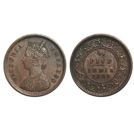 Victoria Empress, Copper, 1/2 Pice, 1889, Calcutta Mint, A/I, No mint mark. GK 869. Almost