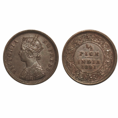 Victoria Empress, Copper, 1/2 Pice, 1891, Calcutta Mint, A/I, No mint mark. GK 871. About 