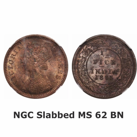 Victoria Empress, Copper, 1/2 Pice, 1895, Calcutta Mint, A/I, No mint mark. GK 875. NGC Sl