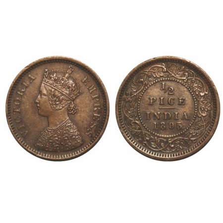 Victoria Empress, Copper, 1/2 Pice, 1895, Calcutta Mint, A/I, No mint mark. GK 875. Extrem