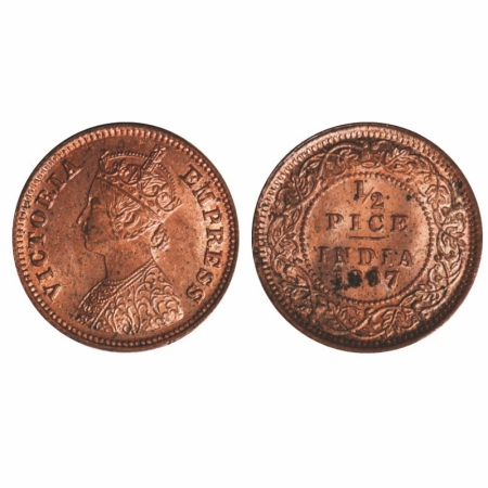 Victoria Empress, Copper, 1/2 Pice, 1897, Calcutta Mint, A/I, No mint mark. GK 877. Brilli