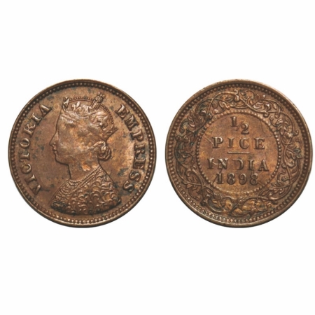 Victoria Empress, Copper, 1/2 Pice, 1898, Calcutta Mint, A/I, No mint mark, Ghost on Rev. 