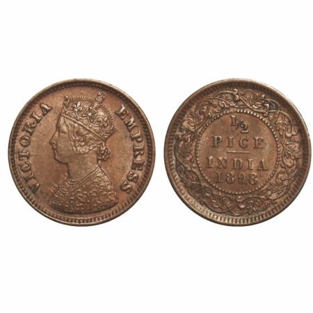 Victoria Empress, Copper, 1/2 Pice, 1898, Calcutta Mint, A/I, No mint mark, Die cracks on 
