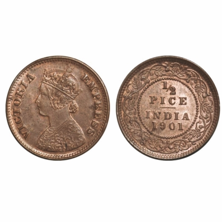 Victoria Empress, Copper, 1/2 Pice, 1901, Calcutta Mint, A/I, No mint mark, alphabate 'R' 