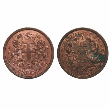 Victoria Queen, Copper, 1/12 Anna, 1848, Calcutta Mint, Wreath with 23 Berries (13L + 10R)