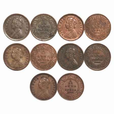 Victoria Queen & Empress, Copper, 1/12 Anna, (5 coins), 1) 1862, Calcutta Mint, A/I, 2) 18