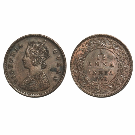 Victoria Queen, Copper, 1/12 anna, 1876, Calcutta Mint, Obv A, No mint mark. GK 888. Almos