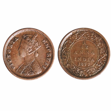 Victoria Empress, Copper, 1/12 Anna, 1877, Bombay Mint, Obv A, No mint mark. GK 890. Very 