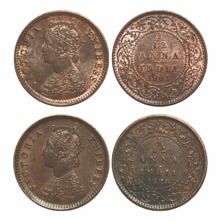 Victoria Empress, Copper, 1/12 Anna, (2 coins), 1) 1886, Calcutta Mint, Obv B, 'C' incused