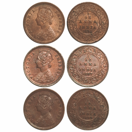 Victoria Empress, Copper, 1/12 Anna, (3 coins), 1887, 1893, 1895, Calcutta Mint, Obv 'B', 