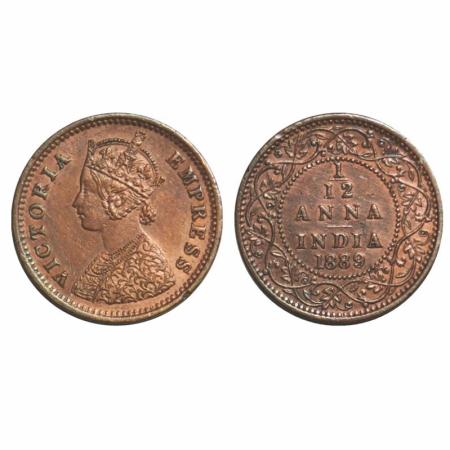 Victoria Empress, Copper, 1/12 Anna, 1889, Bombay Mint, Obv A, No mint mark. GK 909. Almos