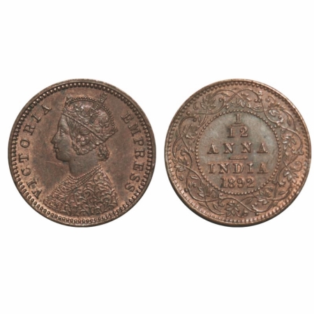Victoria Empress, Copper, 1/12 Anna, 1892, Calcutta Mint, Obv 'B', No mint mark. GK 913. U