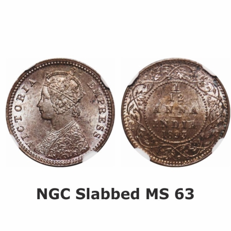 Victoria Empress, Copper, 1/12 Anna, 1893, Calcutta Mint, Obv 'B', No mint mark, Ghost on 