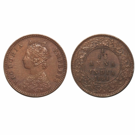 Victoria Empress, Copper, 1/12 Anna, 1894, Calcutta Mint, Obv 'B', No mint mark. GK 915. U