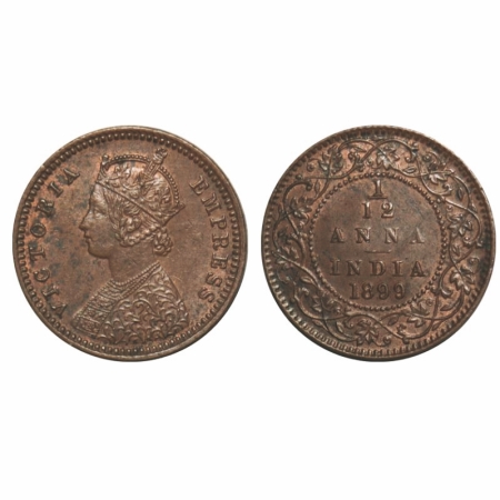 Victoria Empress, Copper, 1/12 Anna, 1899, Calcutta Mint, Obv 'B', No mint mark. GK 920. U