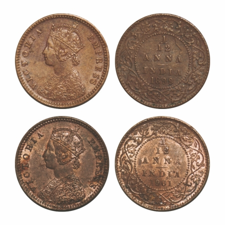 Victoria Empress, Copper, 1/12 Anna, (2 coins), Calcutta Mint, 1) 1899, Obv 'B', No mint m
