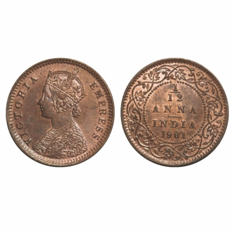 Victoria Empress, Copper, 1/12 Anna, 1901, Calcutta Mint, Obv 'B', No mint mark. GK 921. B