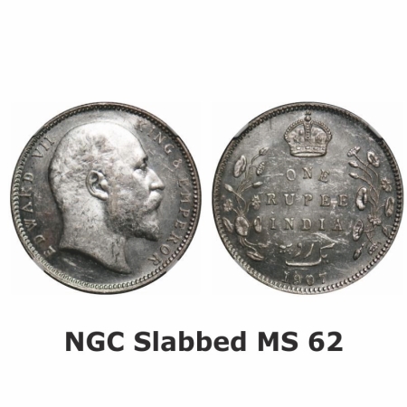 Edward VII, Silver, Rupee, 1907, Bombay Mint, 'B' incused and dot. GK 944. NGC Slabbed MS
