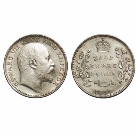 Edward VII, Silver, Half Rupee, 1907, Bombay Mint, 'B' incused and dot. GK 965. Almost Unc