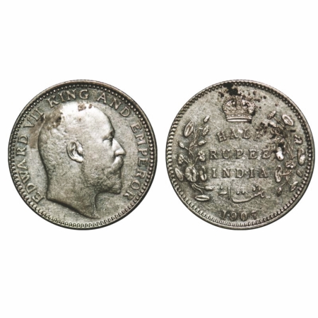 Edward VII, Silver, Half Rupee, 1907, Calcutta Mint, No mint mark. GK 967. Almost Uncircul