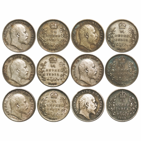 Edward VII, Silver, 1/4 Rupee (6 Coins), 1903, 1904, 1905, 1906, 1907, 1908, Calcutta Mint