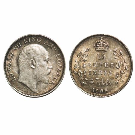 Edward VII, Silver, 1/4 Rupee, 1906, Calcutta Mint, No mint mark. GK 975. Extremely Fine+.