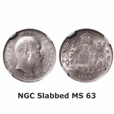 Edward VII, Silver, 2 Annas, 1906, Calcutta Mint, No mint mark. GK 983. NGC Slabbed MS 63.