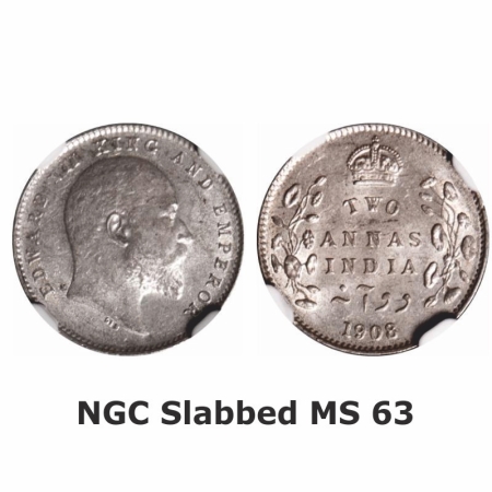 Edward VII, Silver, 2 Annas, 1908, Calcutta Mint, No mint mark. GK 985. NGC Slabbed MS 63.