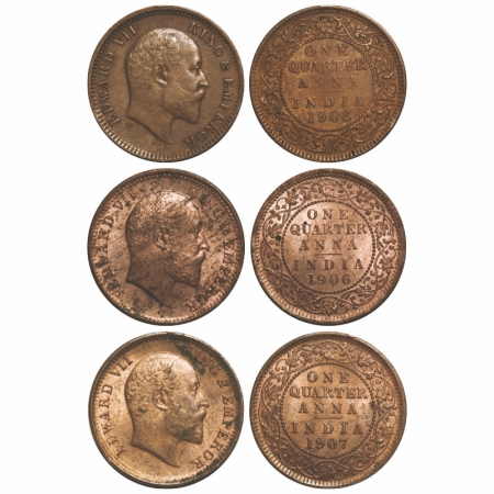 Edward VII, Mix Metal, Quarter Anna, (3 coins), 1) 1906, Copper, Calcutta Mint, No mint ma