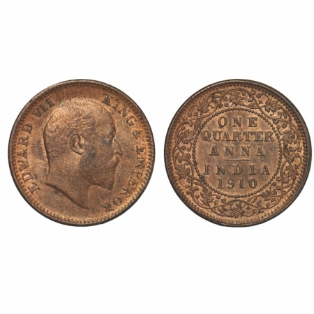 Edward VII, Bronze, Quarter Anna, 1910, Calcutta Mint, No mint mark. GK 1002. Uncirculated