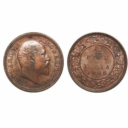 Edward VII, Copper, 1/2 Pice, 1906, Calcutta Mint, (3.33gm), No mint mark, Ghost on Rev. G