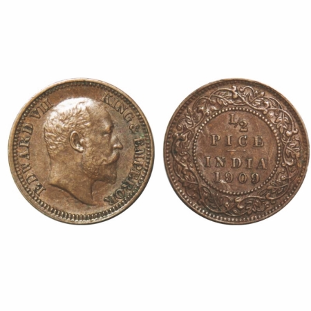 Edward VII, Bronze, 1/2 Pice, 1909, Calcutta Mint, No mint mark, Ghost on Obv and Rev. GK 