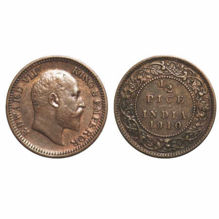 Edward VII, Bronze, 1/2 Pice, 1910, Calcutta Mint, No mint mark. GK 1011. About Uncirculat