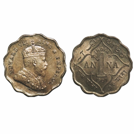 Edward VII, Copper-Nickel, 1 Anna, 1907, Bombay Mint, Capital letter 'B' incused below the