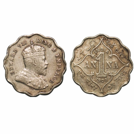 Edward VII, Copper-Nickel, 1 Anna, 1909, Bombay Mint, Capital letter 'B' incused below the