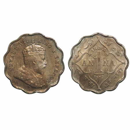 Edward VII, Copper-Nickel, 1 Anna, 1910, Bombay Mint, Capital letter 'B' incused below the