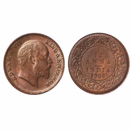 Edward VII, Bronze, 1/12 Anna, 1908, Calcutta Mint, no mint mark. GK 1018. Uncirculated. S