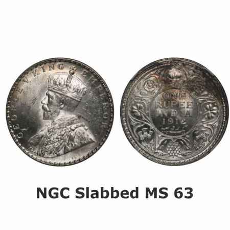 George V, Silver, Rupee, 1912, Bombay Mint, Dot. GK 1026. NGC Slabbed MS 63. Scarce.