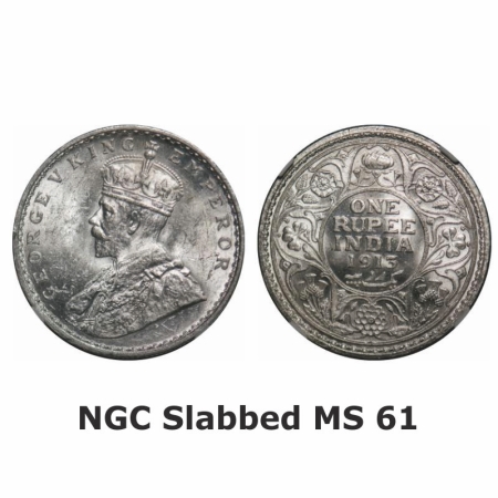 George V, Silver, Rupee, 1913, Calcutta Mint, No dot. GK 1027. NGC Slabbed MS 61. Scarce.
