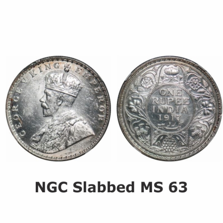 George V, Silver, Rupee, 1917, Bombay Mint, Dot. GK 1036. NGC Slabbed MS 63. Scarce.