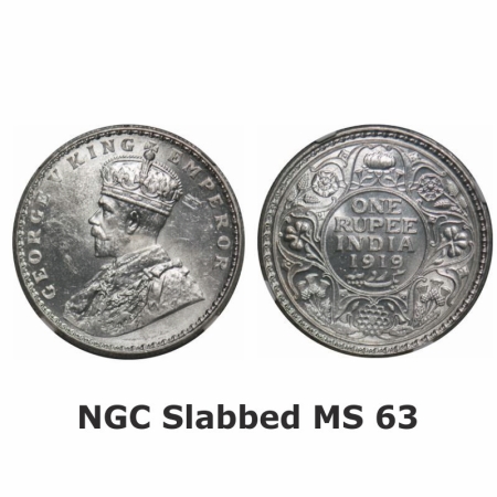 George V, Silver, Rupee, 1919, Calcutta Mint, No dot, 11 o' clock on Rev. GK 1039. NGC Sla