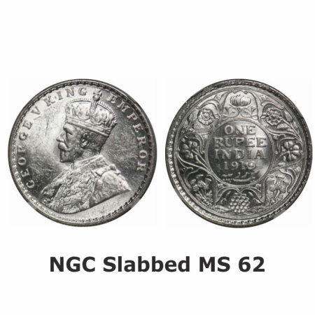 George V, Silver, Rupee, 1919, Bombay Mint, Dot, 11 o' clock on Rev. GK 1040. NGC Slabbed 