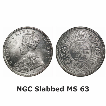 George V, Silver, Rupee, 1920, Calcutta Mint, No dot. GK 1041. NGC Slabbed MS 63. Scarce.