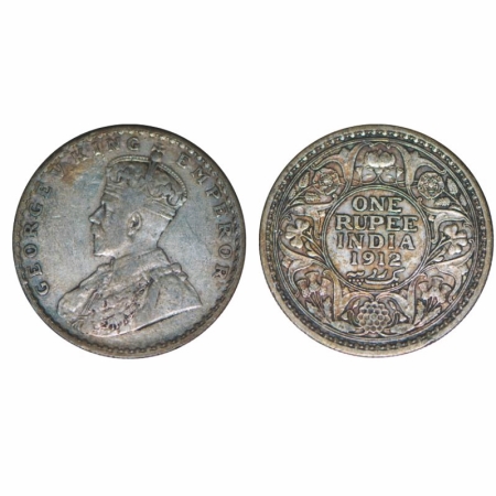 George V, Silver, Rupee, 1912, Calcutta Mint, No dot. GK 1023. About Very Fine. Scarce.