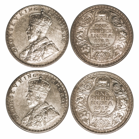 George V, Silver, Rupee, (2 coins), 1) 1912, Bombay Mint, Dot, Re-Drawn Elephant with long