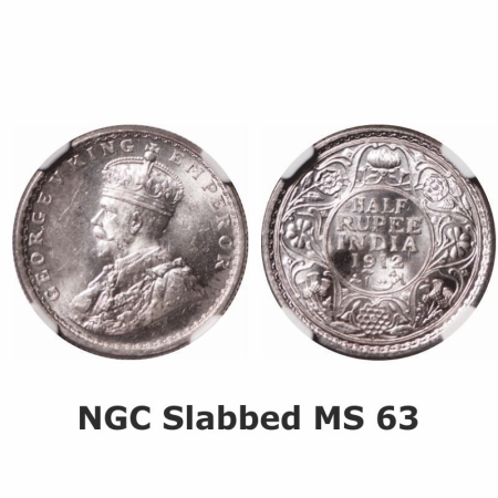 George V, Silver, Half Rupee, 1912, Bombay Mint, Dot, Re-drawn Elephant. GK 1047. NGC Slab