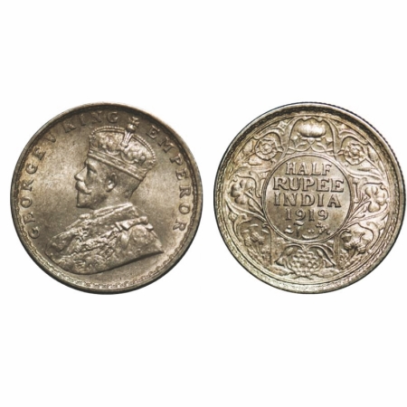 George V, Silver, Half Rupee, 1919, Bombay Mint, Dot. GK 1057. Almost Uncirculated. Scarce