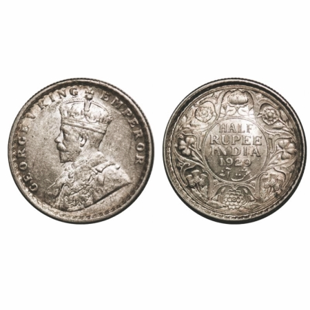 George V, Silver, Half Rupee, 1929, Calcutta Mint, No dot. GK 1071. About Uncirculated. Sc